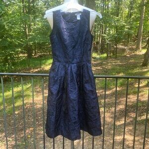 H&M blue sleeveless dress with black tie around waist imprinted pattern. sz. 2